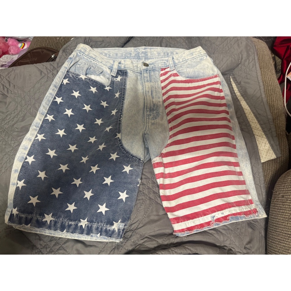 Maximum Energy Acid Wash American Flag Denim Shorts Stars Stripes Patriotic Vtg